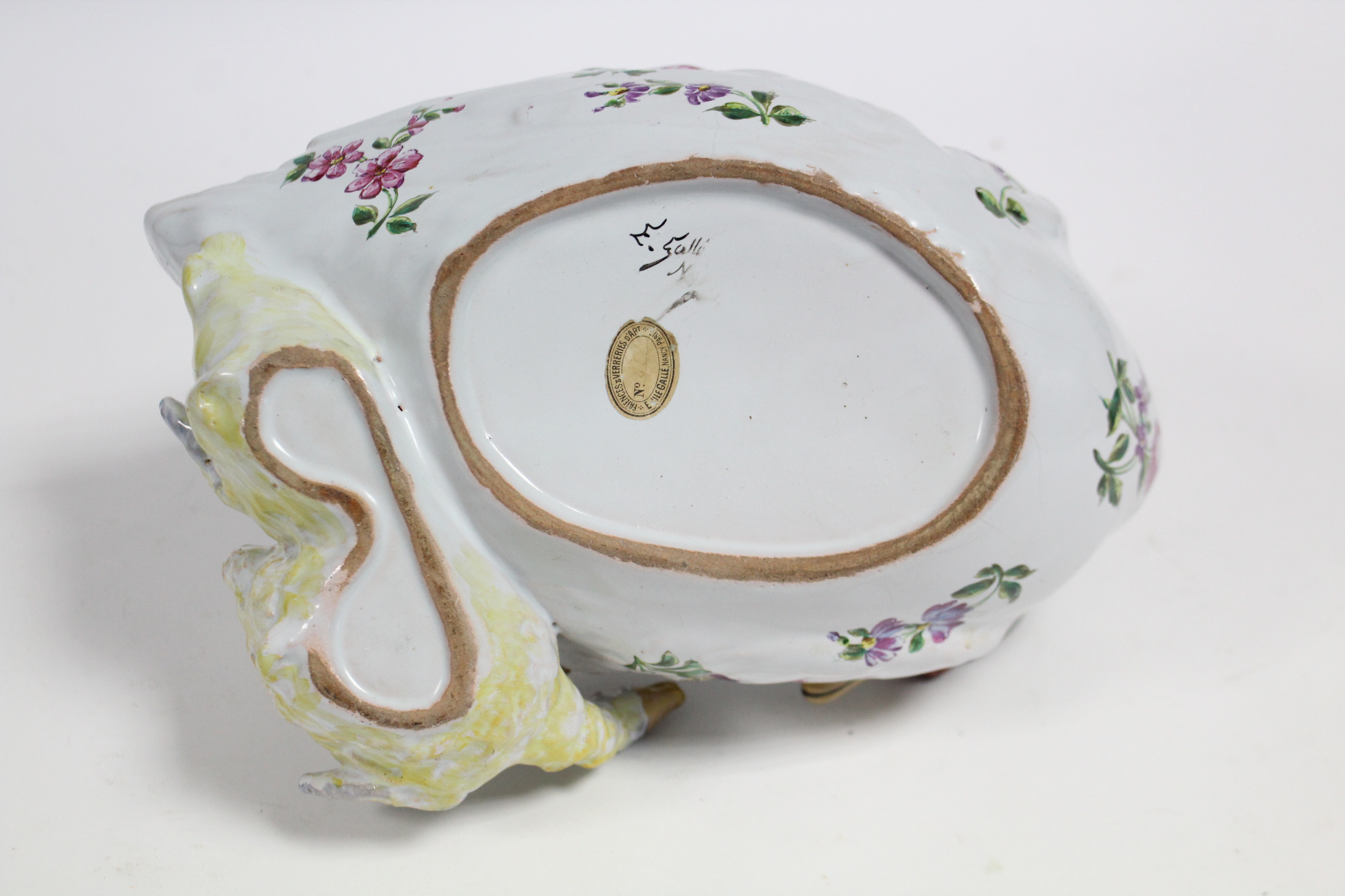 A GALLÉ FAIENCE BOWL IN THE FORM OF A SWAN, its neck looped downwards toward two cygnets at her - Image 4 of 4