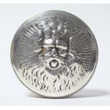 A William IV silver drum-shaped box, the removable lid embossed with a Viking (?) mask, the sides
