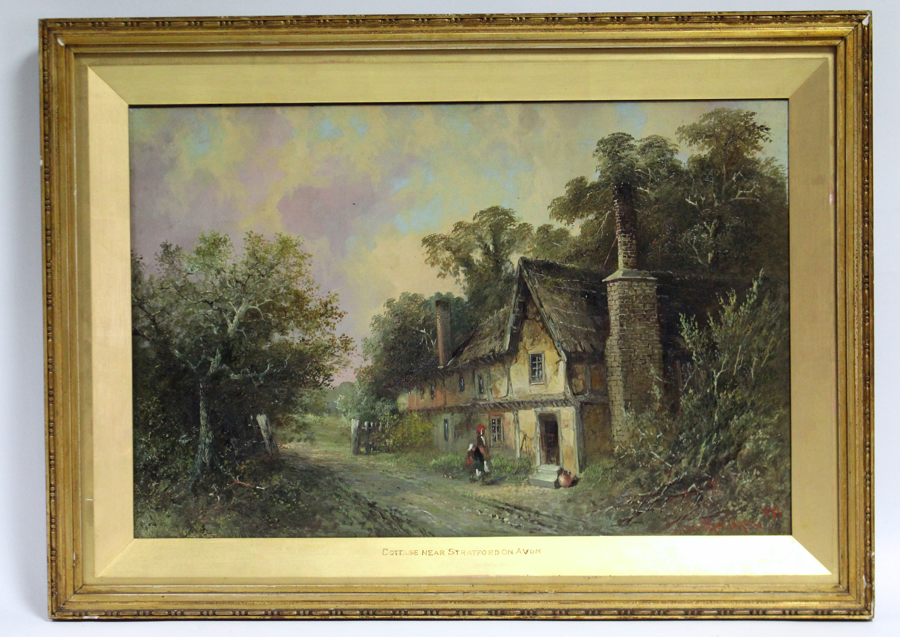 CLIFFORD MONTAGUE (fl. 1845-1901). A rural scene titled: “Cottage Near Stratford-on-Avon”. - Image 2 of 5