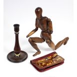 A 19th century carved wood artist’s lay figure by V. Deroussen, 19” high (left fore-arm & both hands