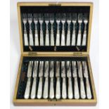 Twelve pairs of Victorian electro-plated & engraved dessert knives & forks with mother-of-pearl