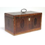 A George III figured mahogany rectangular tea caddy, inlaid in various exotic woods, ovals to each