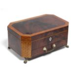 A George III figured mahogany & satinwood crossbanded needlework box of rectangular form with canted