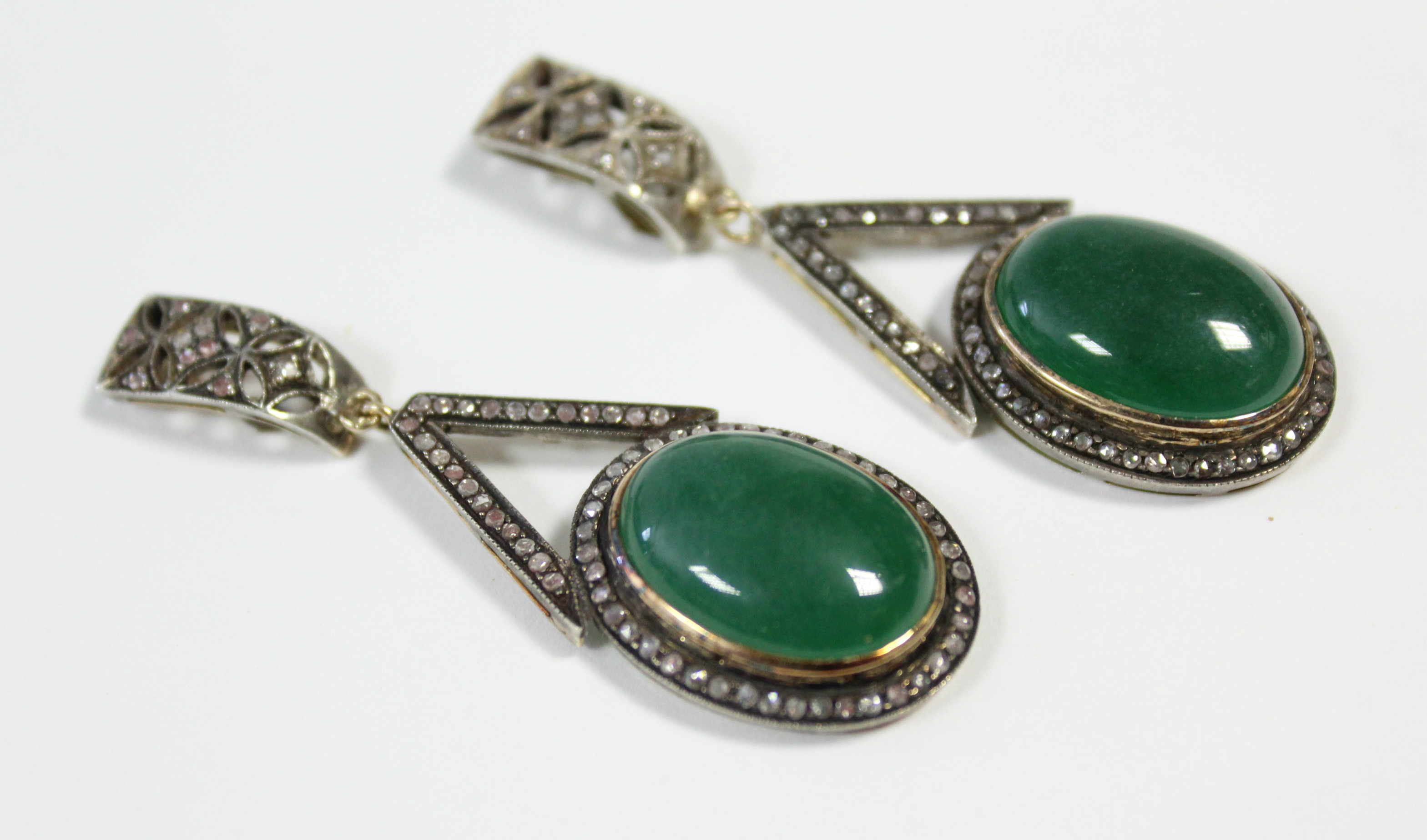 A PAIR OF JADE & DIAMOND PENDANT EARRINGS, each with oval green jade cabochon suspended from an - Image 2 of 4