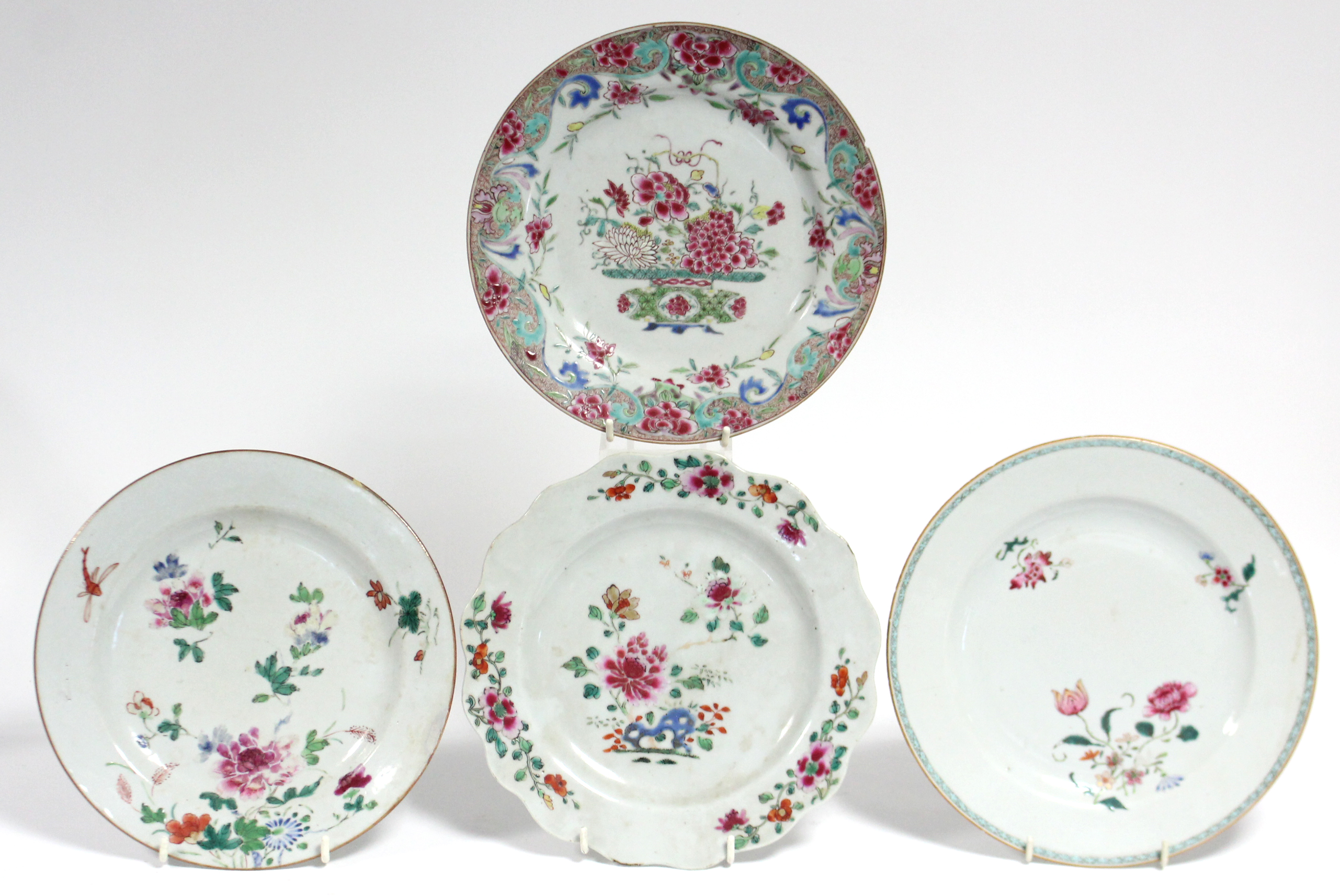 Four 18th century Chinese porcelain plates, variously painted with exotic flowers in famille rose - Image 2 of 6