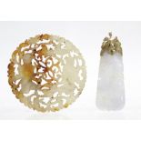 A Chinese pale lavender jade pendant carved in the form of a fruiting gourd, suspended from a gilt