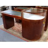 Another modern mahogany-finish pedestal desk/display cabinet with D-shaped ends & inset