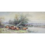 THOMAS ROWDEN (1842-1926). A pair of moorland scenes; i) cattle & sheep watering at a pond; & ii)