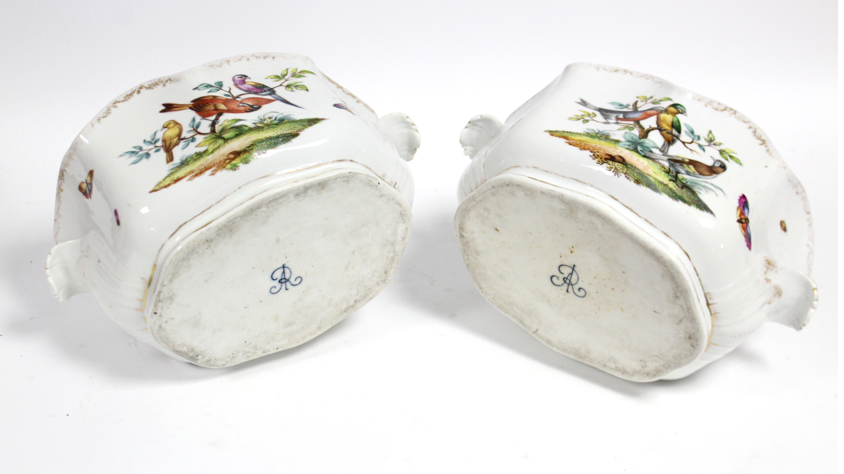 A pair of Dresden porcelain “Augustus Rex” oval two-handled wine coolers, each painted with exotic - Image 4 of 4