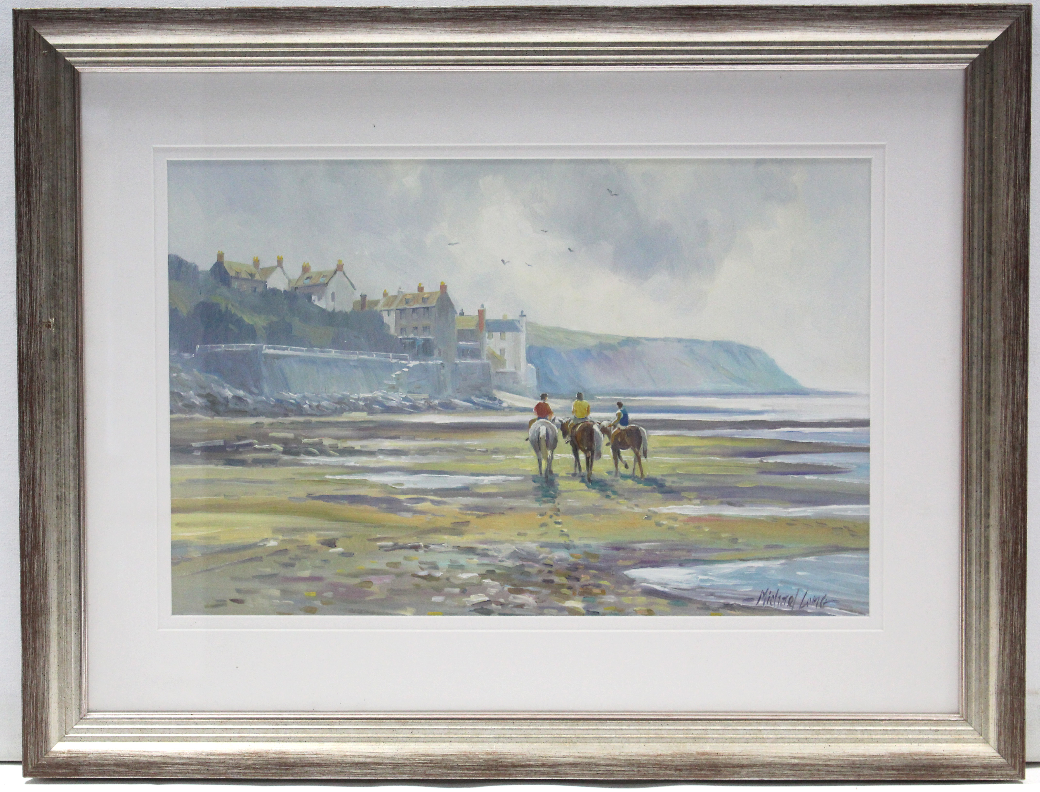 MICHAEL LONG (Bristol Savages; contemporary). A coastal scene with figures riding ponies on the - Image 2 of 4