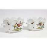 A pair of Dresden porcelain “Augustus Rex” oval two-handled wine coolers, each painted with exotic