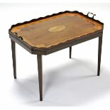 A 19th century mahogany & satinwood crossbanded rectangular tray with marquetry ‘fan’ decoration,