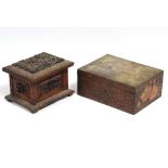 A Victorian poker-work rectangular trinket box with floral decoration, 8¼” x 3½”; & a Chinese carved