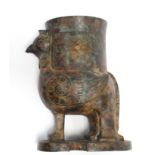 A CHINESE BRONZE ARCHAISTIC PHOENIX VESSEL, the bird supporting a cylindrical vase on its back, with