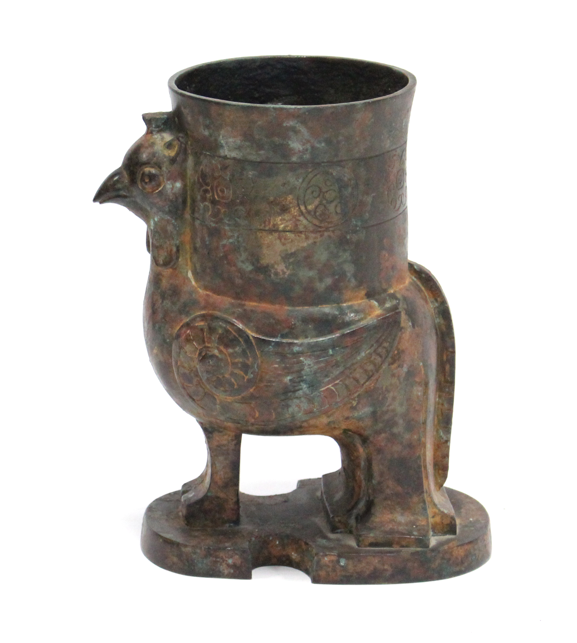 A CHINESE BRONZE ARCHAISTIC PHOENIX VESSEL, the bird supporting a cylindrical vase on its back, with - Image 4 of 6