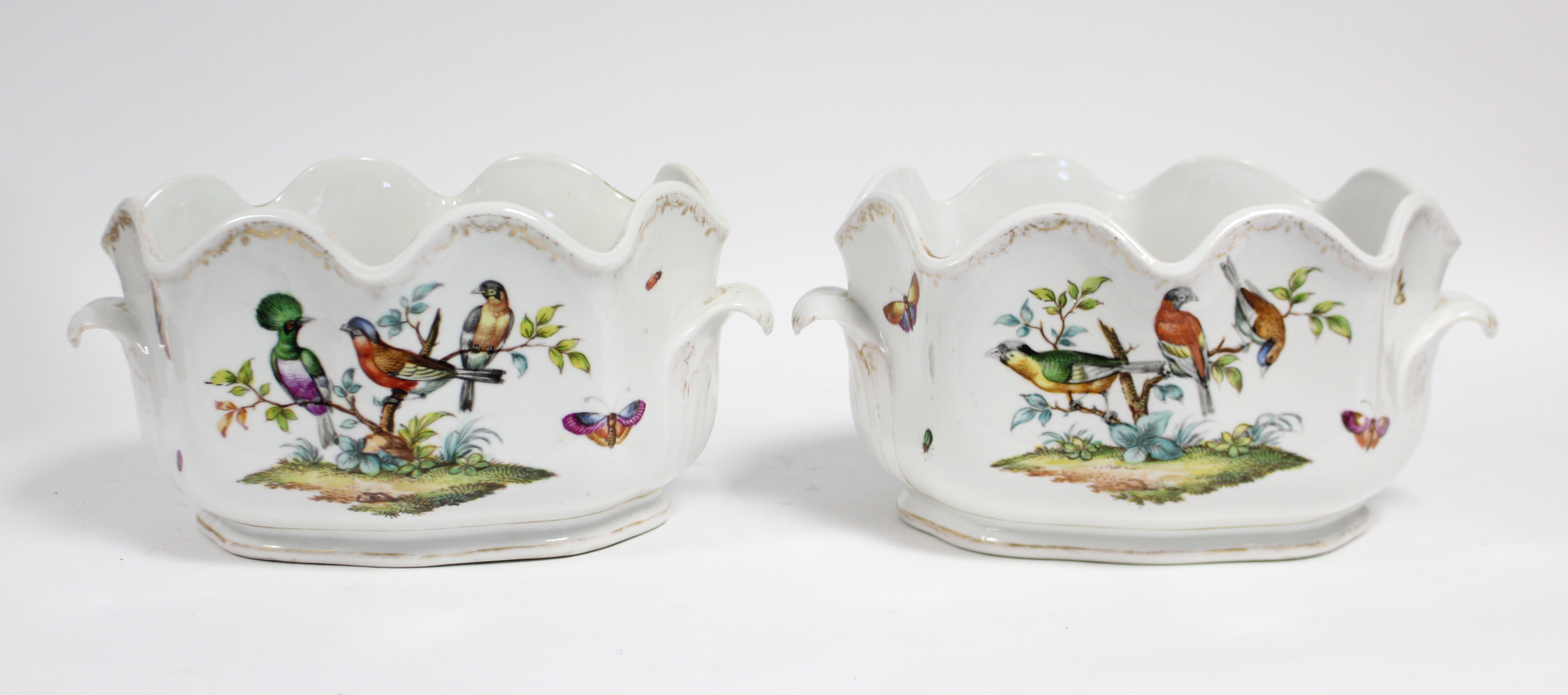 A pair of Dresden porcelain “Augustus Rex” oval two-handled wine coolers, each painted with exotic - Image 3 of 4