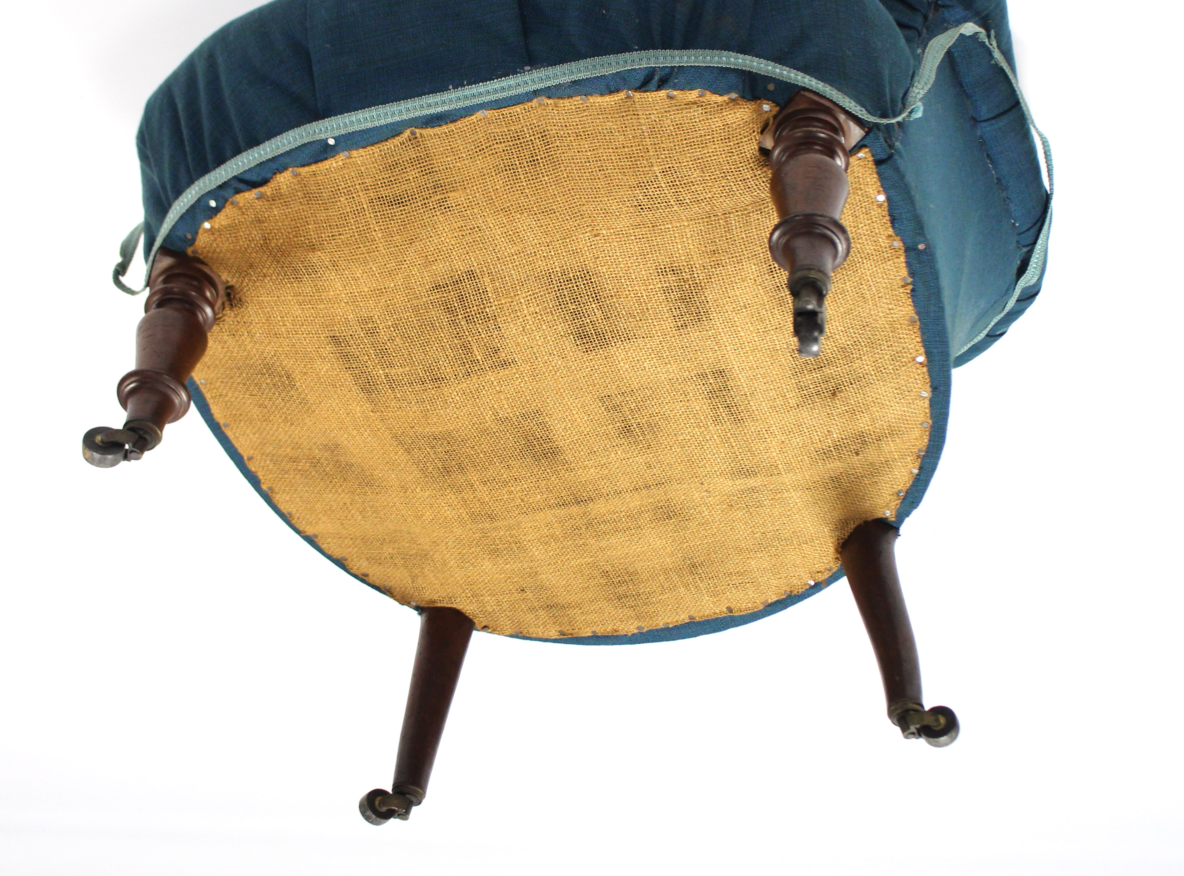 A Victorian armchair with buttoned seat & back upholstered dark blue material, on short vase- - Image 2 of 2