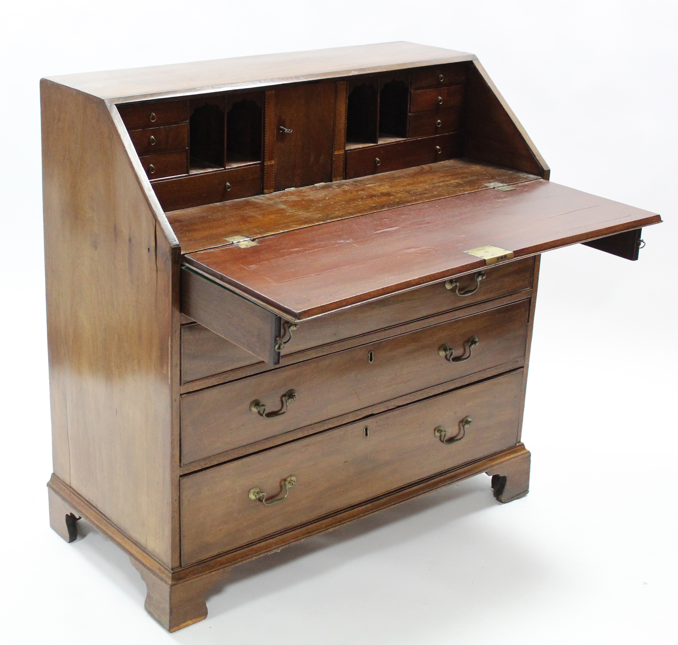 A late 18th century mahogany bureau, with fall-front enclosing fitted interior above two short & - Image 2 of 3