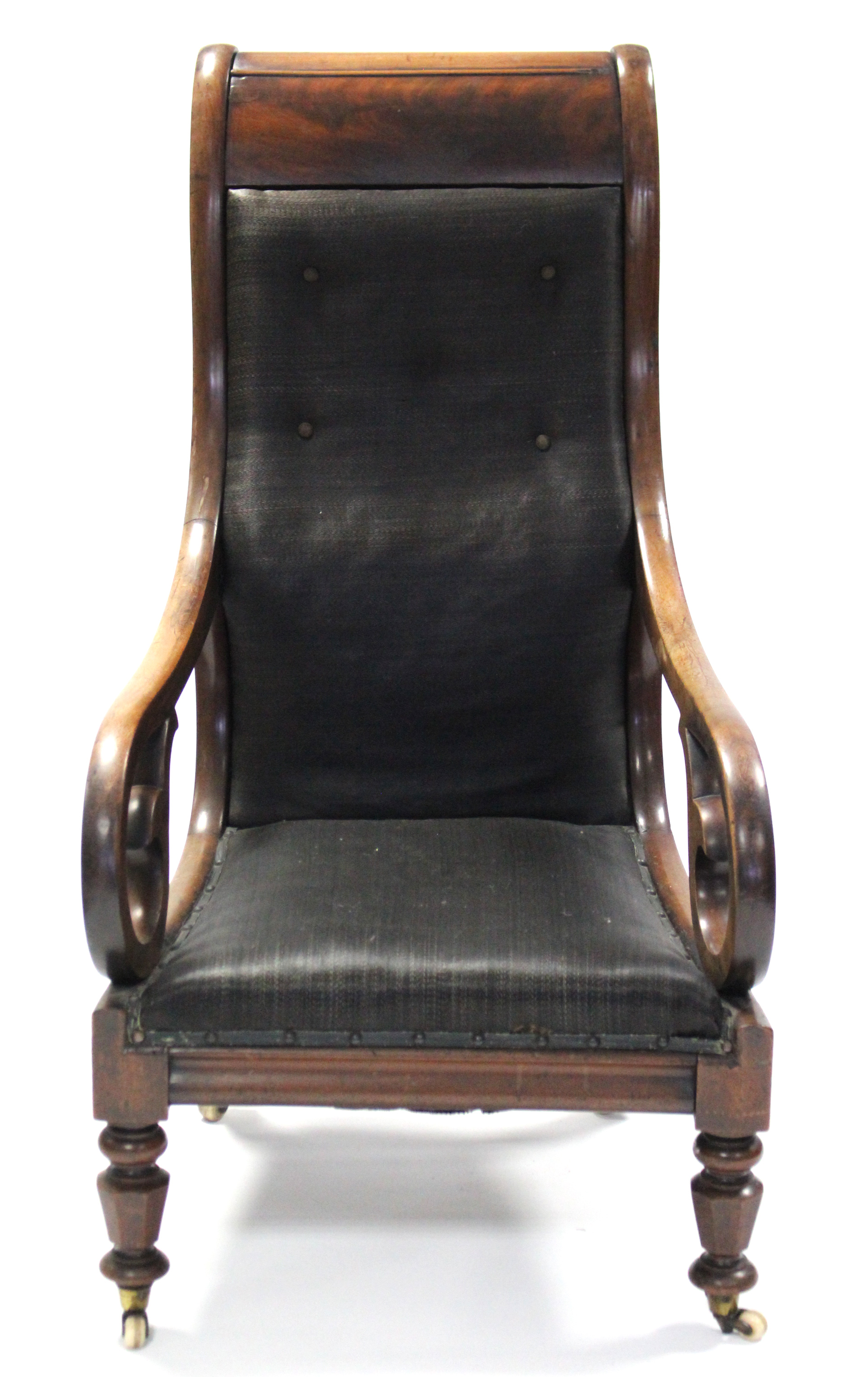 A William IV mahogany library armchair, with open scroll arms, padded seat & tall buttoned-back - Image 2 of 4