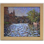 PAUL STEPHENS (contemporary). “Dapled Light”; a view of Bath from the river Avon with Pulteney