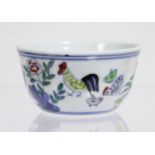 A Chinese Ducai porcelain chicken cup painted in underglaze blue & coloured on-glaze enamels with
