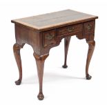 An 18th century YEW & BURR-YEW VENEERED LOWBOY with crossbanded top, fitted three drawers above a