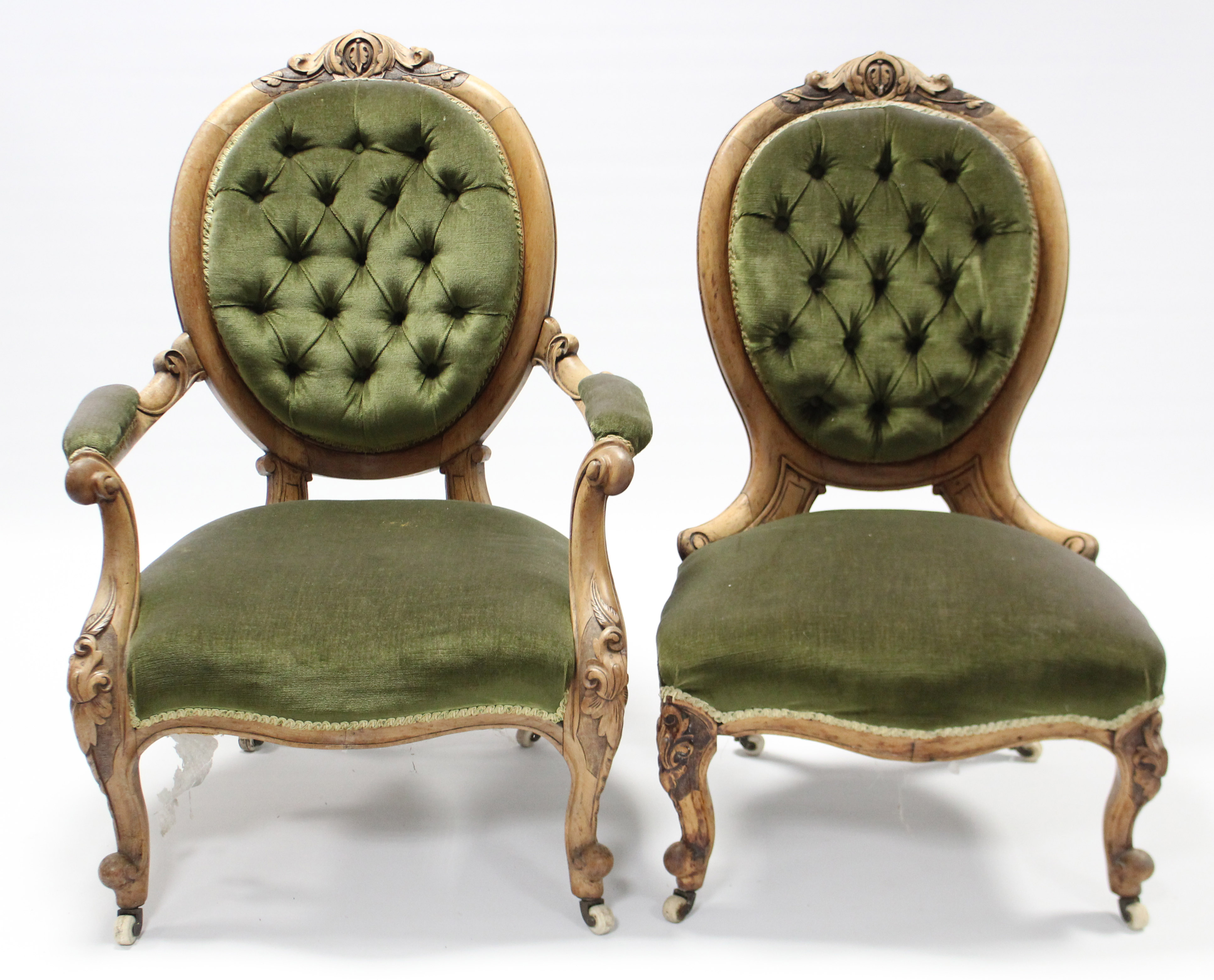 A mid-Victorian carved walnut frame armchair with rounded buttoned-back, open scroll arms, & - Image 2 of 2
