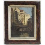 ITALIAN SCHOOL, 19th century. A Venetian canal scene with figures on a bridge. Oil on board; 14” x