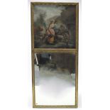 A 19th century rectangular pier glass in narrow giltwood frame, inset oil painting above depicting a
