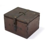 A 19th century stained deal strong box with brass carrying handle & iron hasp to the hinged lid,