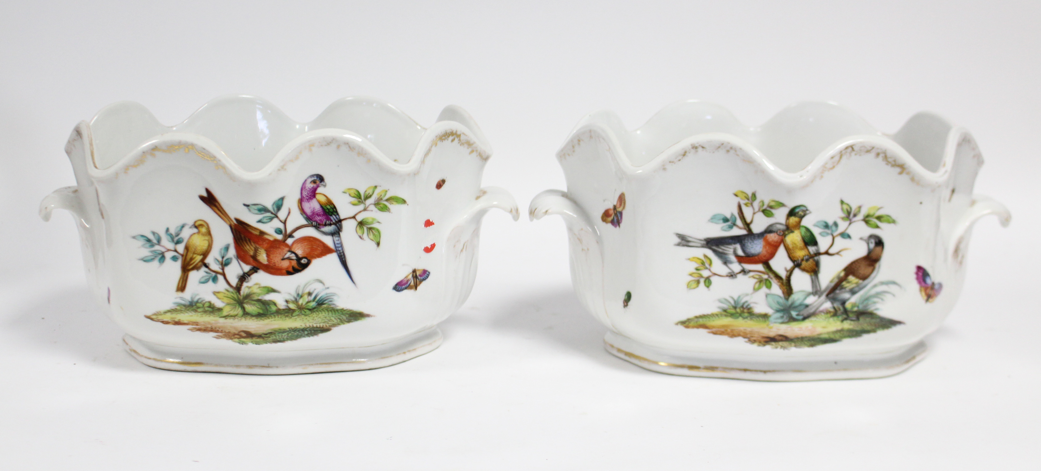 A pair of Dresden porcelain “Augustus Rex” oval two-handled wine coolers, each painted with exotic - Image 2 of 4