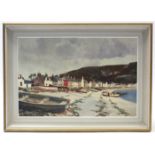 JOSIAH STURGEON (1918-2000). A coastal scene at Ullapool with figures & fishing vessels on the beach