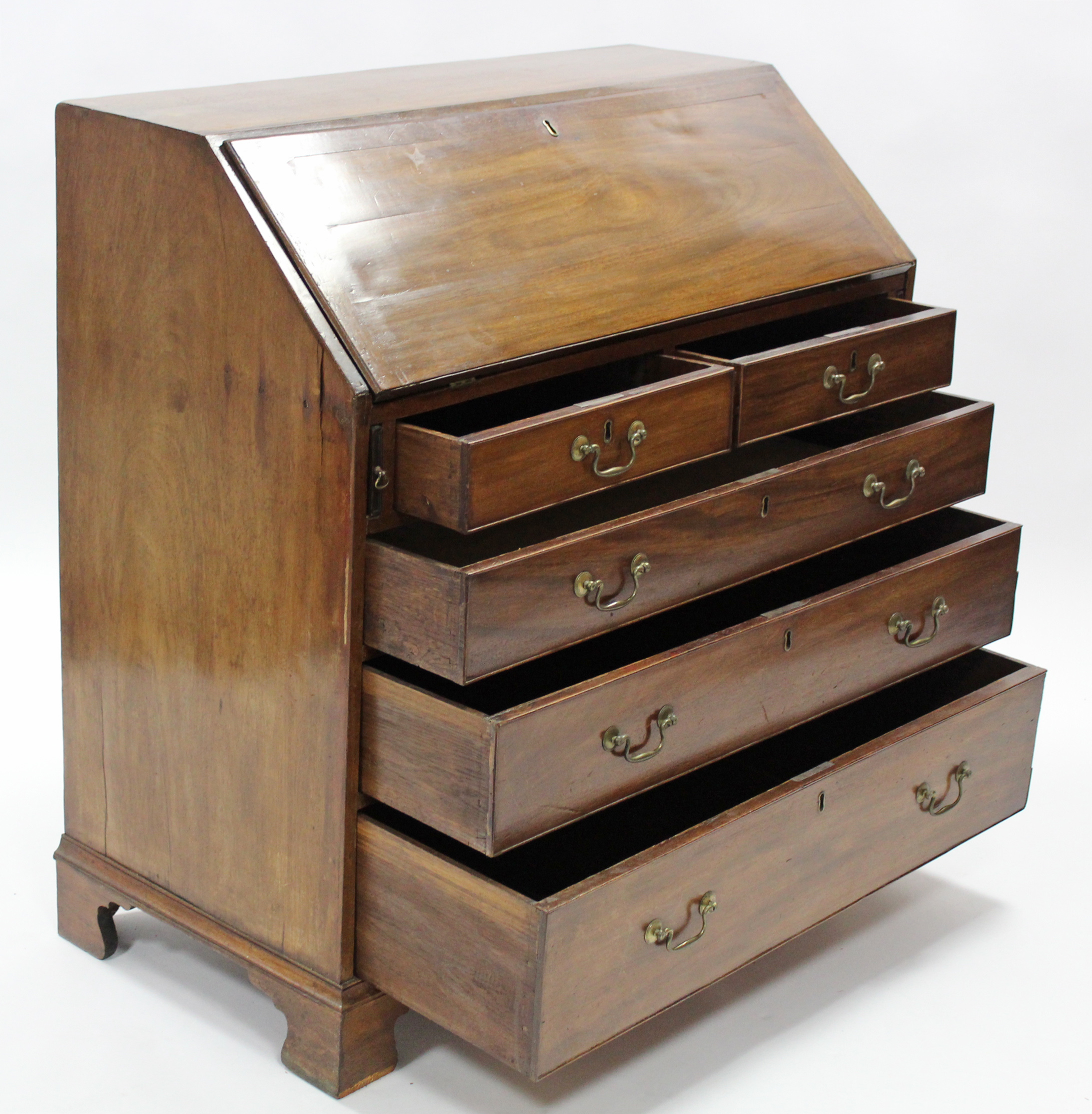 A late 18th century mahogany bureau, with fall-front enclosing fitted interior above two short & - Image 3 of 3