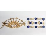 A gold rectangular open-work brooch set seed pearls & synthetic sapphires, 26mm wide (3.7gm); &