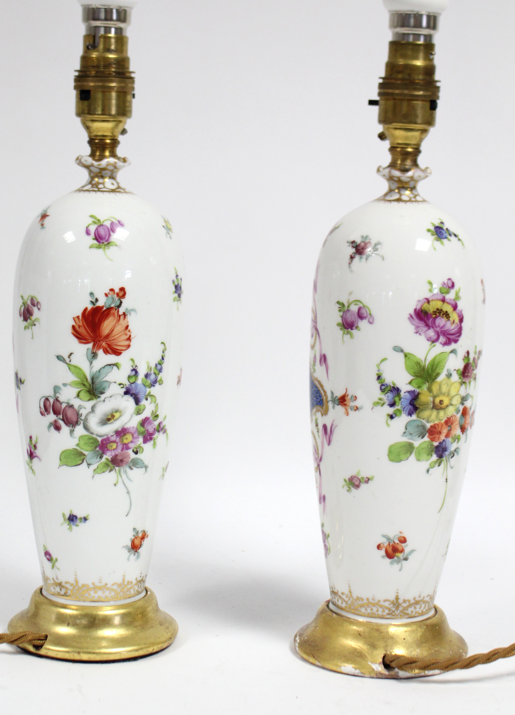 A pair of Dresden porcelain slender ovoid vases decorated with romantic figure scenes on a blue- - Image 2 of 3