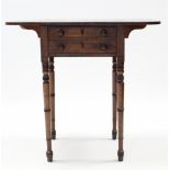 A Regency mahogany drop-leaf work table, fitted two graduated frieze drawers to one end, mock