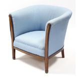 A late 19th/early 20th century inlaid tub-shaped chair upholstered light blue material, with