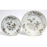 An 18th century Chinese porcelain large shallow dish painted en-grisaille & gilt with peonies & a