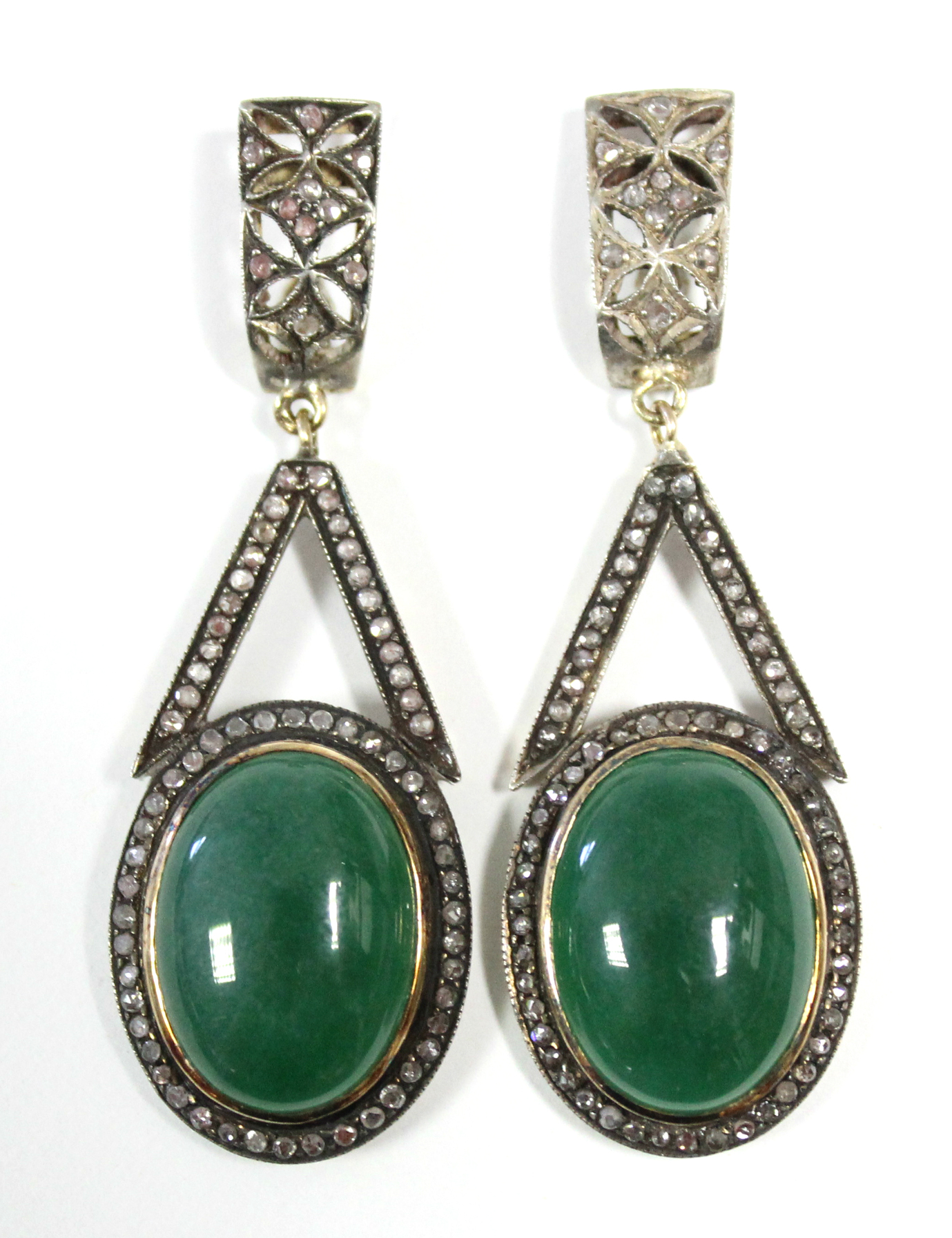 A PAIR OF JADE & DIAMOND PENDANT EARRINGS, each with oval green jade cabochon suspended from an