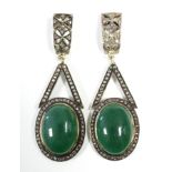 A PAIR OF JADE & DIAMOND PENDANT EARRINGS, each with oval green jade cabochon suspended from an