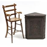 A late Victorian child’s rail-back highchair; together with a carved oak small hanging corner