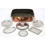 A copper rectangular baking tray, 18½” x 14”; a silver plated salver; various other items of