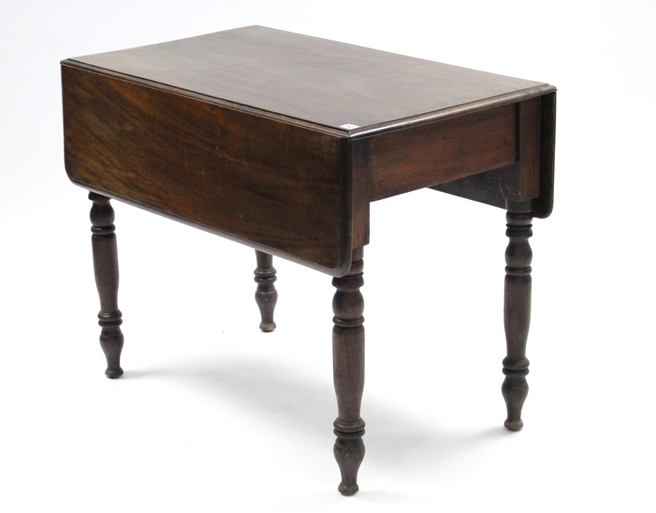 A late Victorian mahogany Pembroke table fitted end drawer, & on ring-turned tapered legs, 38”