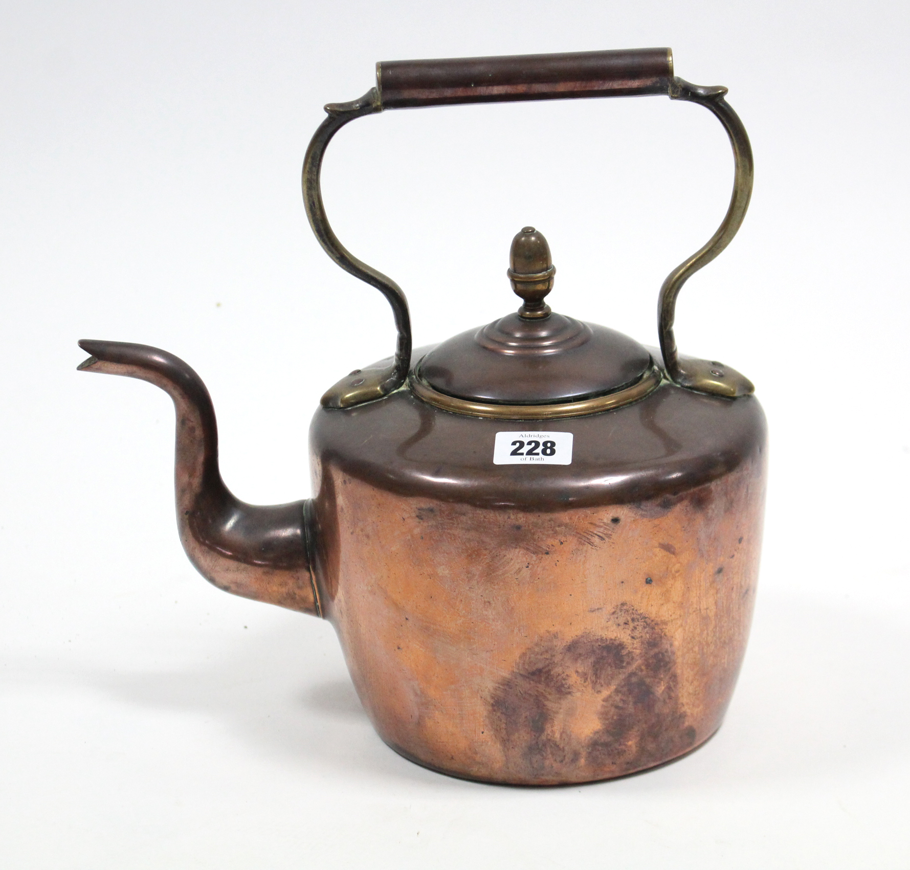 A 19th century copper circular kettle with acorn finial to lid, 11½” high; & four items of