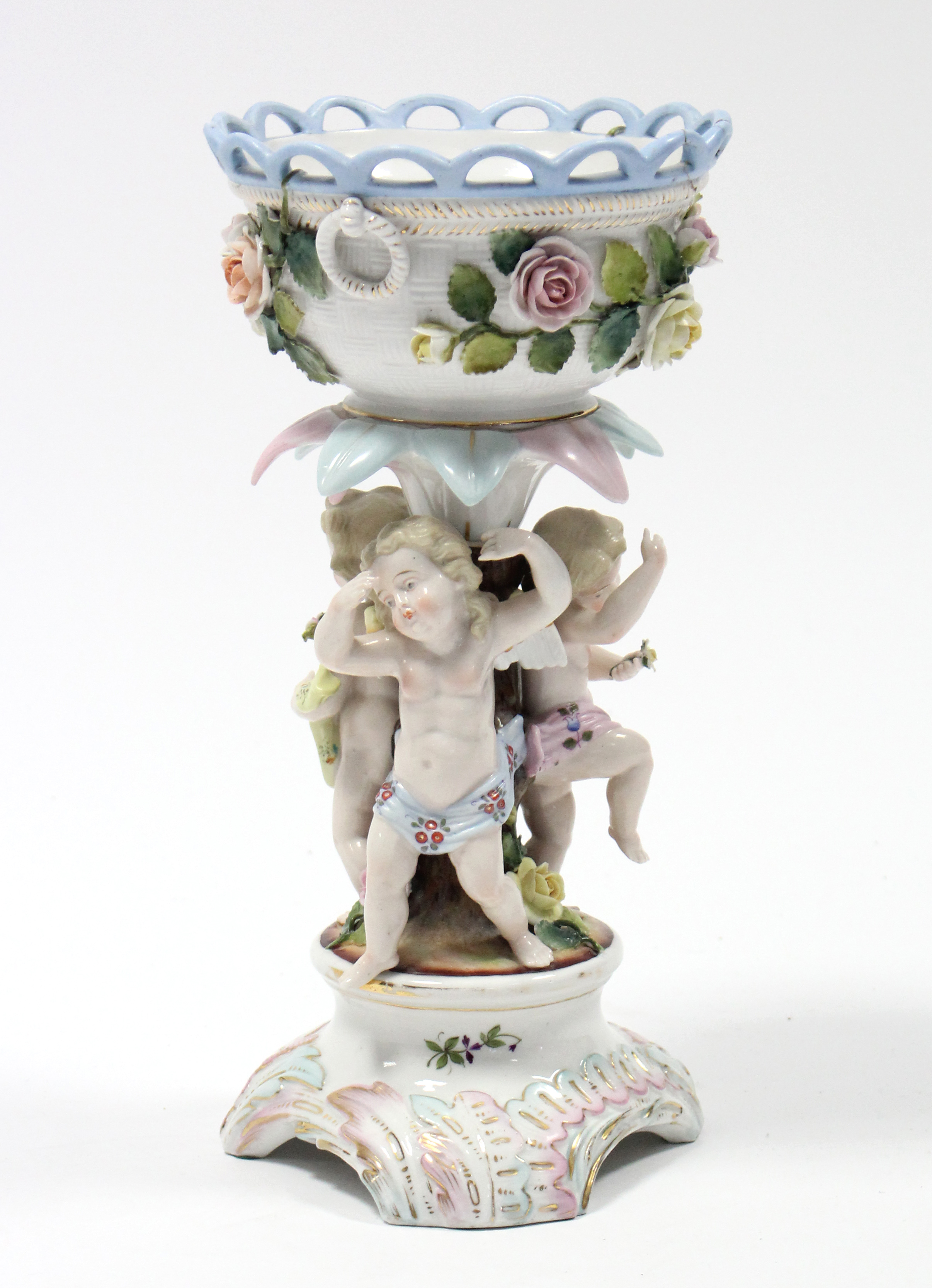 A Sitzendorf porcelain centrepiece with round floral-encrusted bowl supported by three cherubs, on - Image 2 of 3