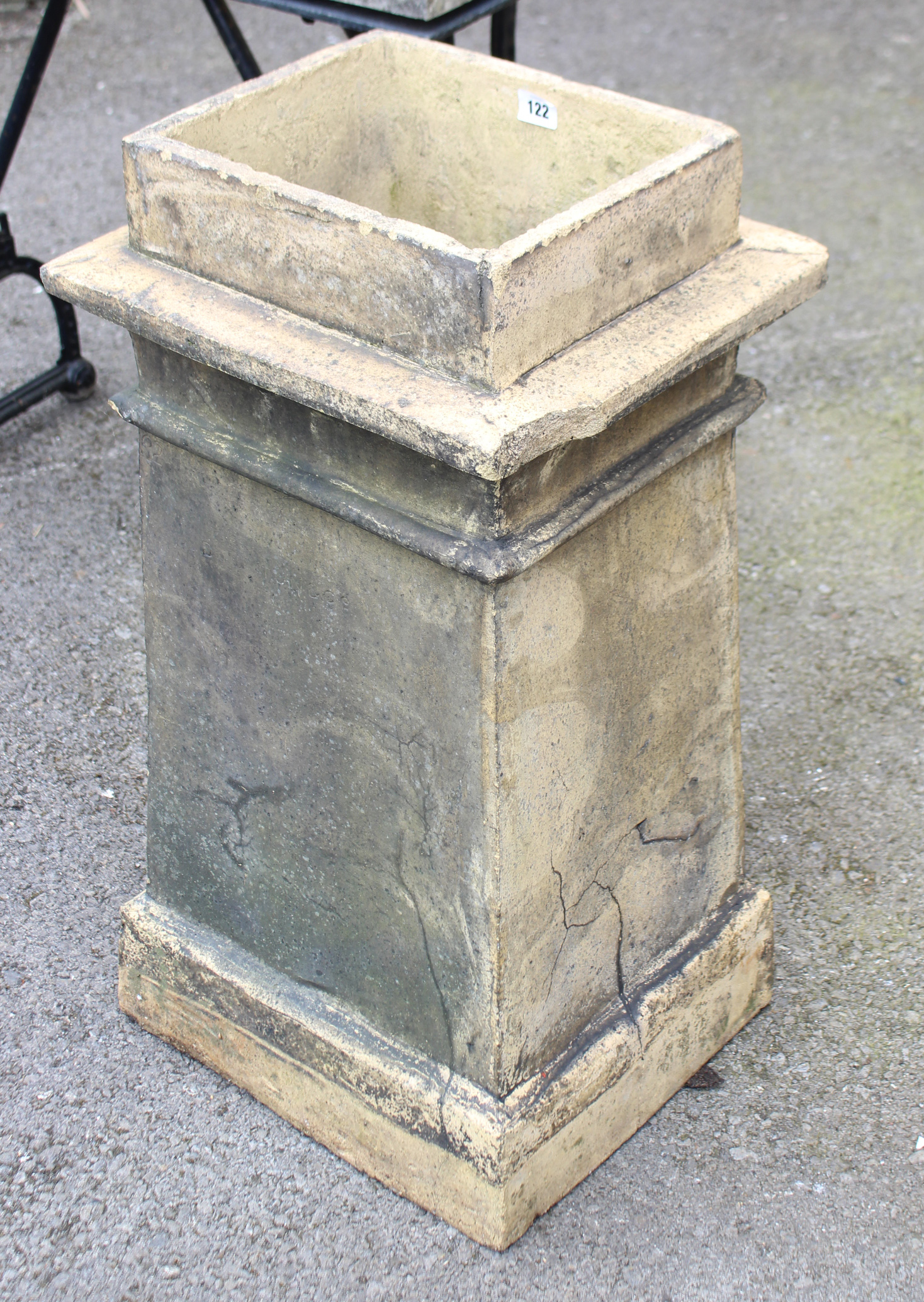 A terracotta chimney pot, 29½” high, (w.a.f.); & a cast-iron gate, 38½” x 42”.