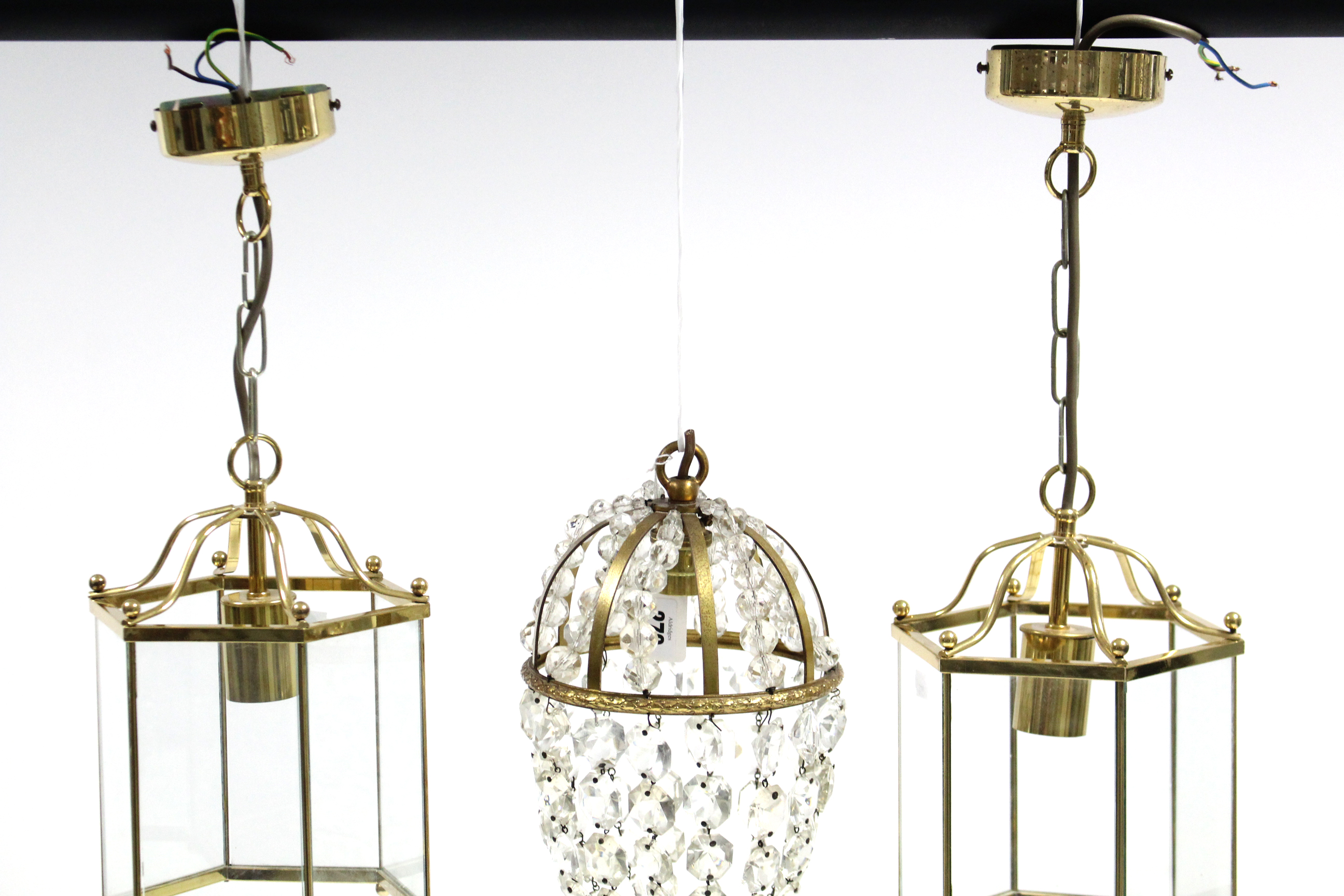 A gilt-metal frame basket-frame hall lantern hung with prism drops & strands of beads, 6½” diam. x - Image 2 of 2