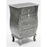 A continental style silvered-finish bedside chest fitted four long drawers, & on short cabriole