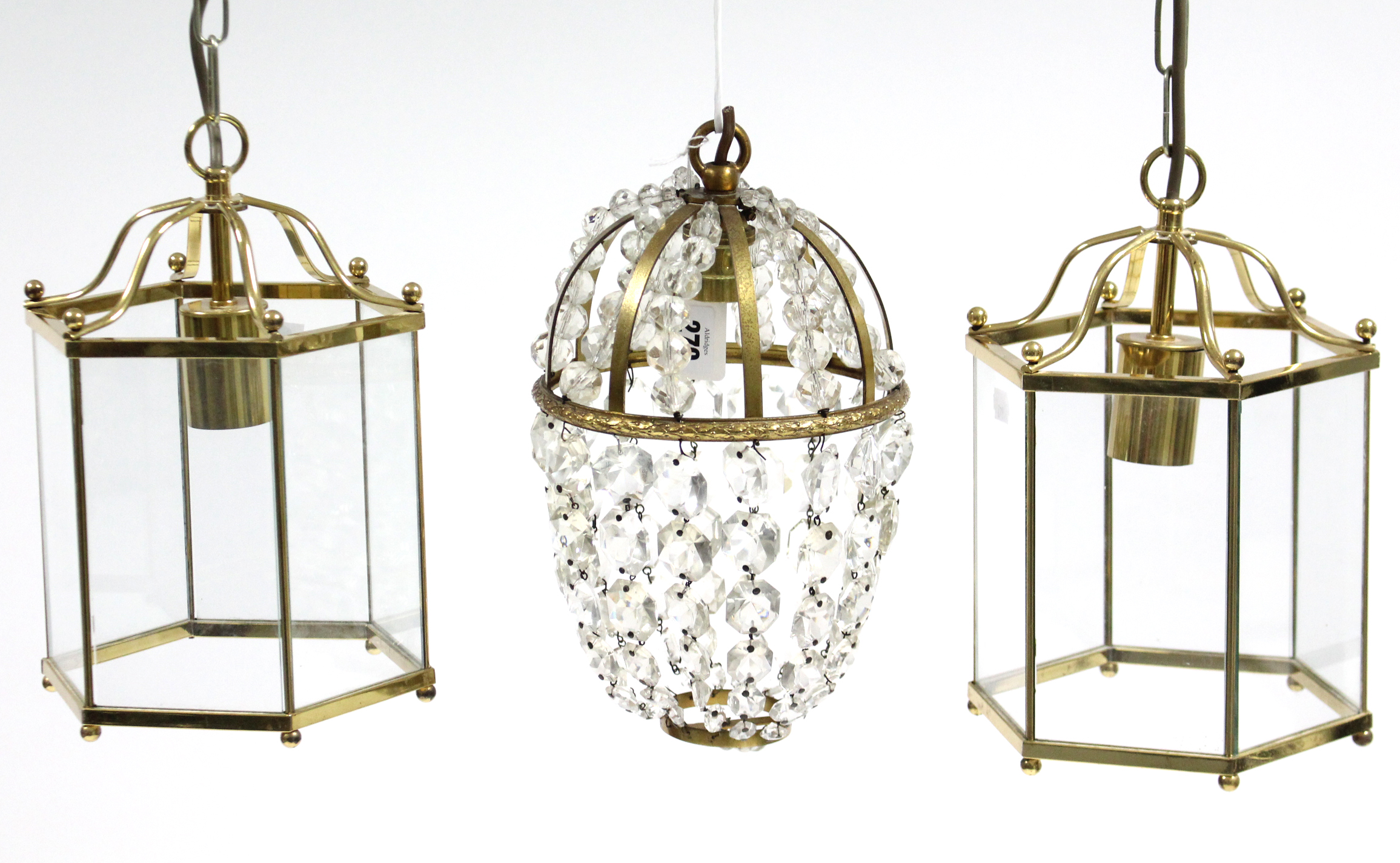 A gilt-metal frame basket-frame hall lantern hung with prism drops & strands of beads, 6½” diam. x