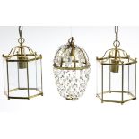 A gilt-metal frame basket-frame hall lantern hung with prism drops & strands of beads, 6½” diam. x